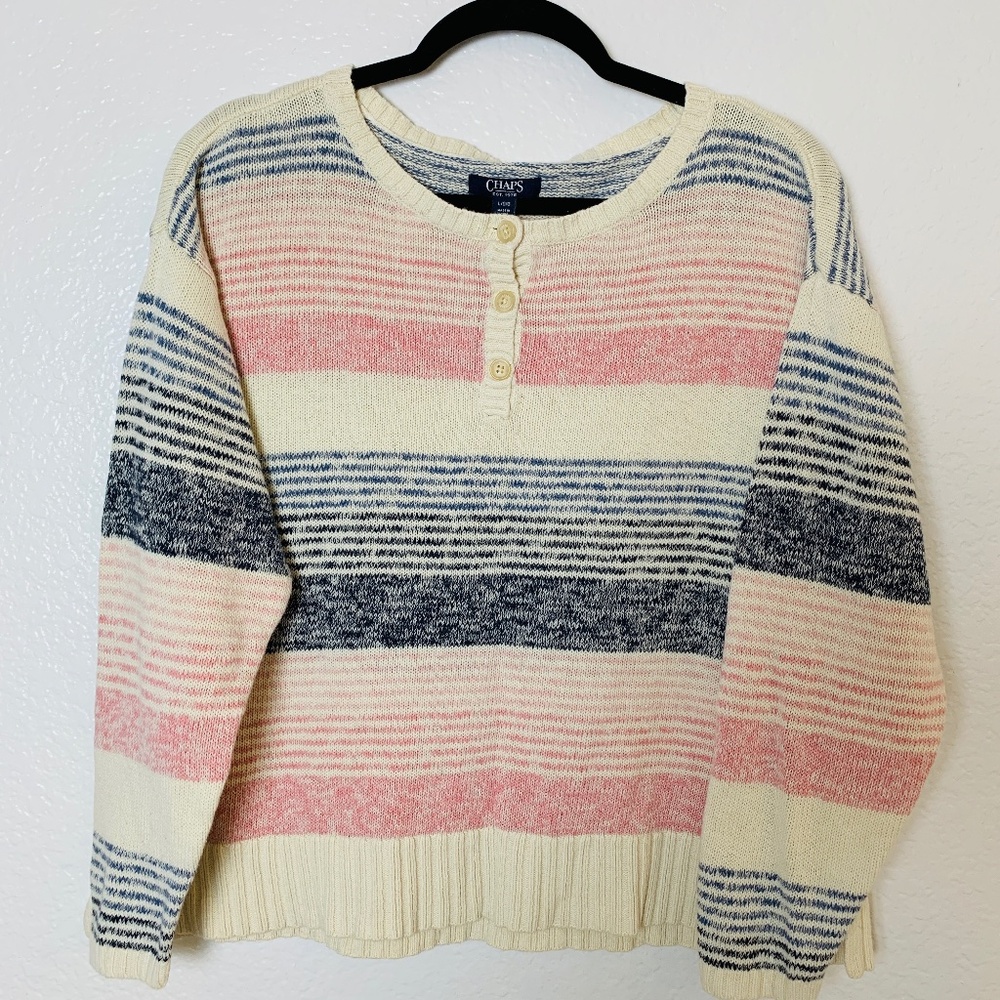 Chaps Striped Sweater Large Boxy Preppy Linen Cotton Blend Jumper